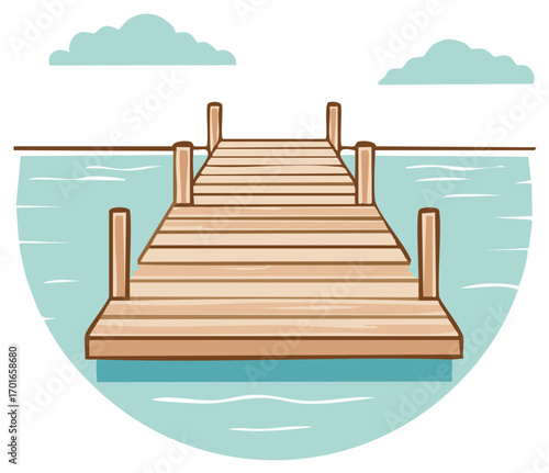 Cartoon style wooden pier stretching over calm blue water beneath a bright sky with clouds