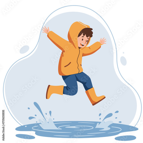 Boy jumping in puddle wearing yellow raincoat and boots  