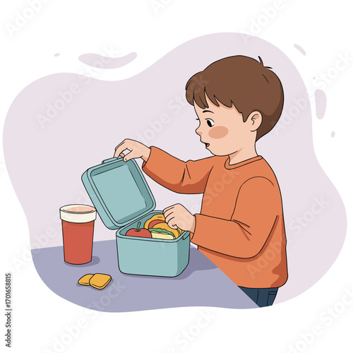 Young boy opening lunchbox and preparing to eat at table  