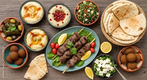 Middle Eastern Food Feast - Mezze Platter with Falafel, Hummus, Shish Kebab, Tabbouleh and Pita Bread for Restaurant Menu and Recipe Blog