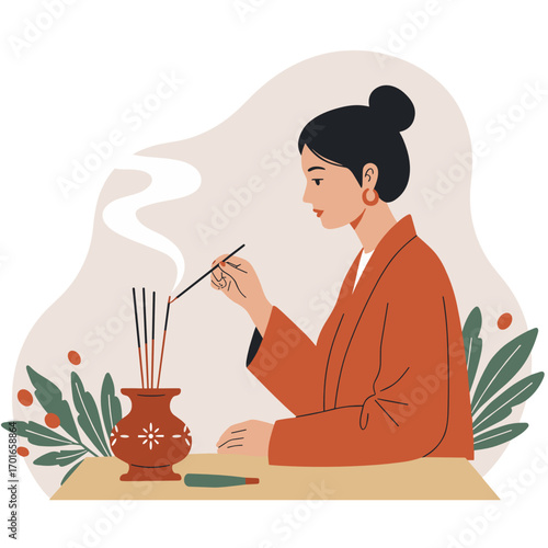 Young woman in traditional clothing lighting incense sticks at home  