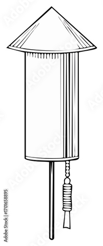 Stylized illustration of a firework rocket with a conical top and string of beads