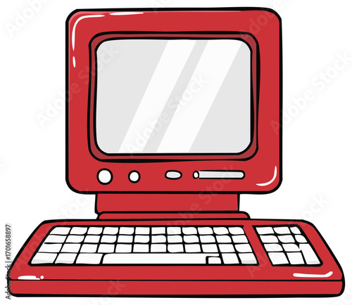 Vibrant red retro desktop computer cartoon illustration for vintage technology