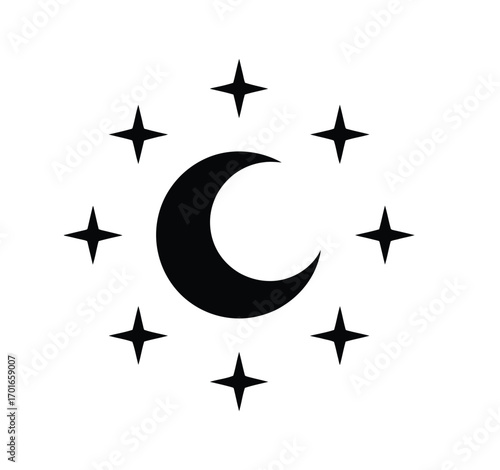 Minimal Black Flat Design, Night Sky, Celestial and Space Illustration, Lunar Symbol, Astronomy Graphic, Clip Art, Digital Design, Modern Minimalist Icon