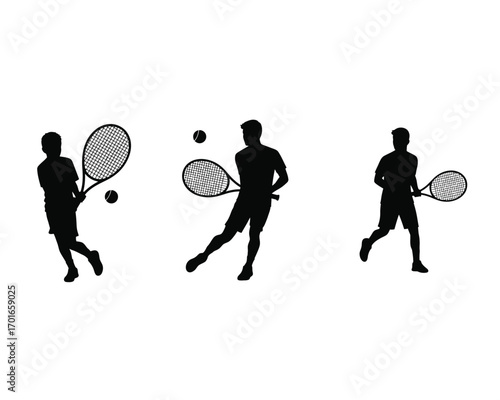 Dynamic silhouettes of three male tennis players in action poses with rackets and balls on a white background