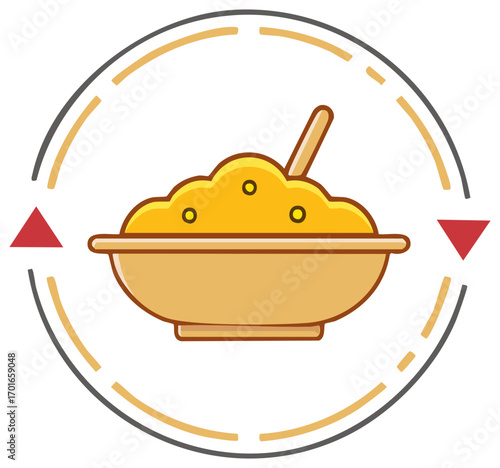 Bowl of Yellow Porridge with Spoon in Circular Frame Minimalist Food Illustration
