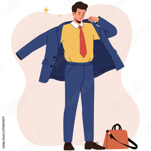 Confident man adjusting his suit and smiling with a bag  