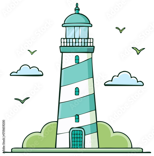 Cute cartoon lighthouse with teal and white stripes, flying birds, and puffy clouds