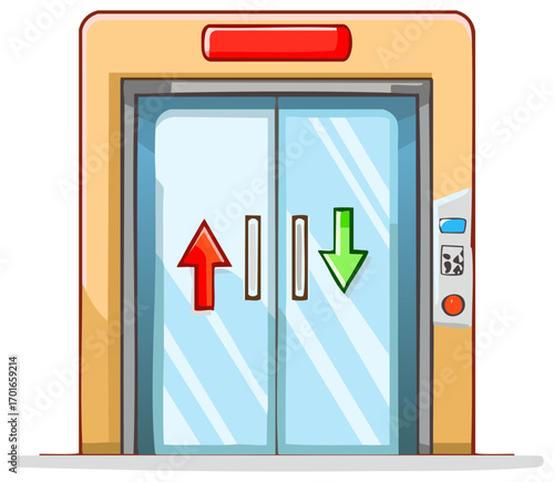 Cartoon illustration of a modern elevator with closed doors and direction arrows