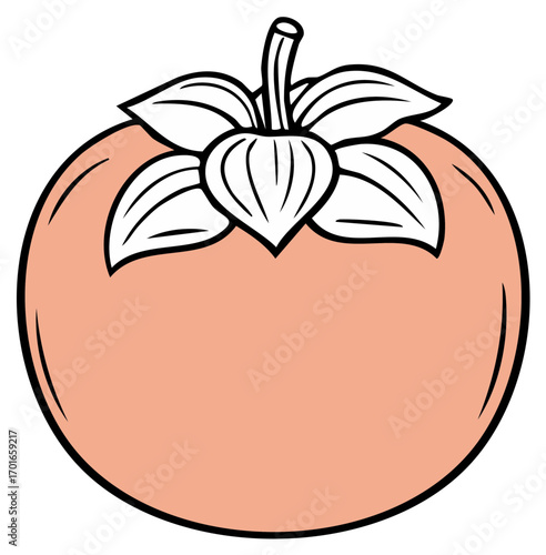 Illustration of a ripe persimmon fruit with sepals and stem, highlighted by clean black outlines and delicate light orange coloring