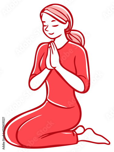 Cartoon Woman Kneeling with Hands in Prayer Gesture for Hope or Gratitude