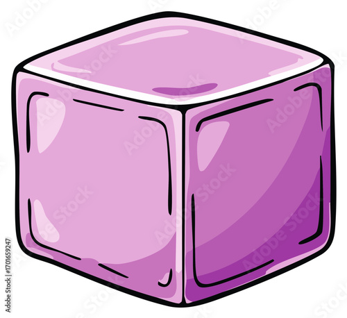 A hand drawn illustration of a glossy purple cube with rounded edges and subtle shading