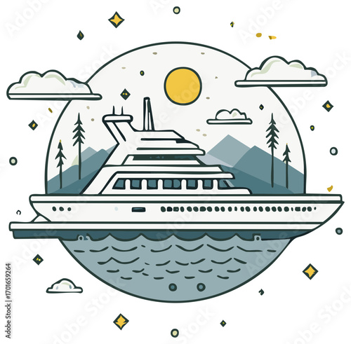 Stylized Yacht with Landscape in Circular Frame, Sea and Sky Elements, Luxury Travel