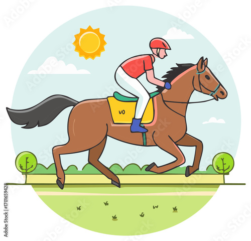 Jockey riding a brown horse in a race under a sunny sky with clouds