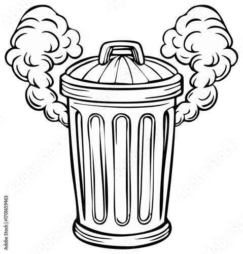 Cartoon Illustration of a Trash Can with Lid Releasing Foul-Smelling Clouds of Odor