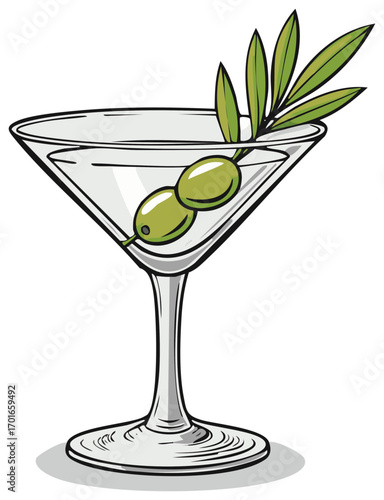 Hand drawn vector illustration of a classic martini cocktail in a glass with two green olives
