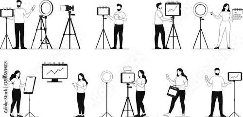 Silhouette vector illustration of people presenting business charts, creating video content, online teaching, professional training, teamwork communication, and technology usage