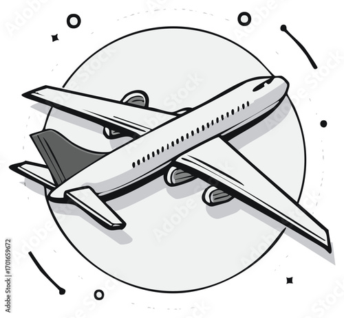 Passenger airliner jet flying on a circular background monochrome vector illustration