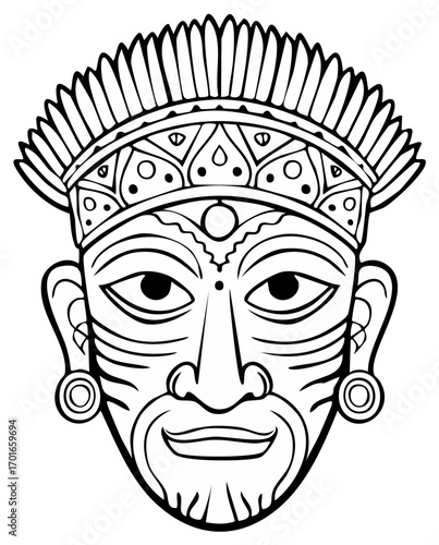 Line art drawing of ancient cultural face mask with beard and crown