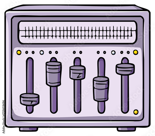 Cartoon style audio mixer with five faders and equalizer graphic sound equipment music studio instrument control panel illustration