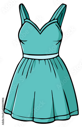 Beautiful turquoise sleeveless V neck dress with belt cartoon illustration. Summer fashion.