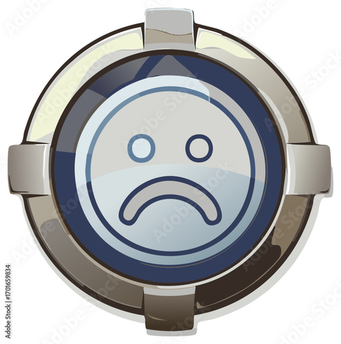 Modern Sad Face Icon with Metallic Rim and Gear Elements