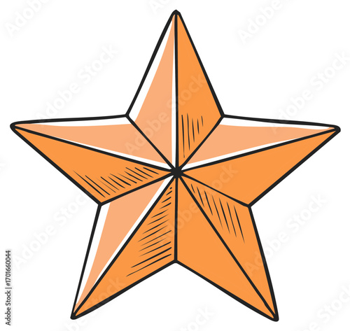 Hand Drawn Illustration of a Retro Five-Point Star Design with Orange Shades and a Textured Appearance