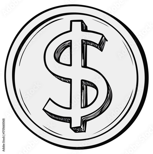 Stylized hand drawn dollar coin with bold currency symbol and shaded effect