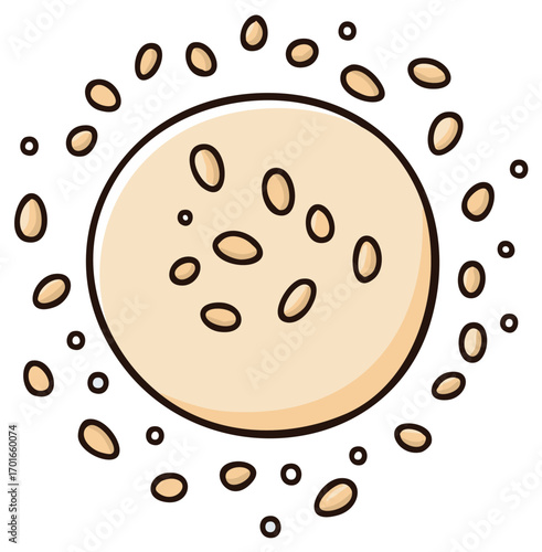Stylized beige orb with orbiting and internal floating oval particles abstract illustration