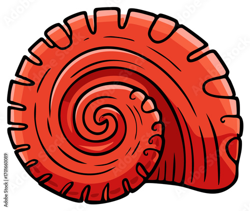 Vibrant cartoon spiral seashell with intricate details and ribbed texture, ocean life illustration