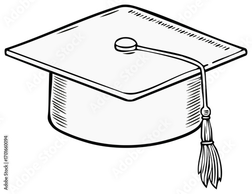 Black and white sketch of an academic graduation cap with a tassel