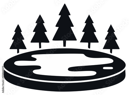 Illustration of a pond with trees in silhouette, vector nature art design