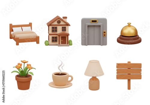 Fototapeta Naklejka Na Ścianę i Meble -  3d icon of collection of cartoon icons for hotel and home, isolated on transparent background