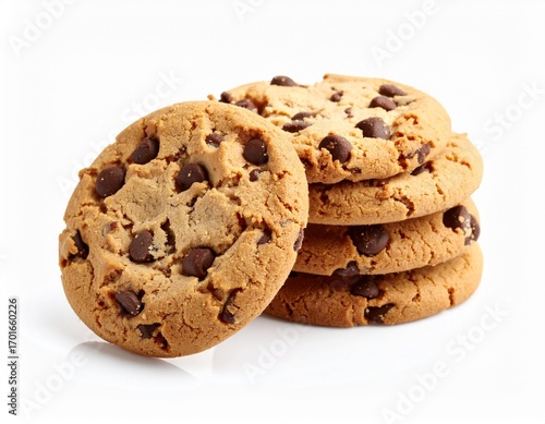 A close-up studio shot of a stack of chocolate chip cookies with one leaning against the pile. The cookie in front has a bite taken out of it, highlighting its rich, delicious texture.