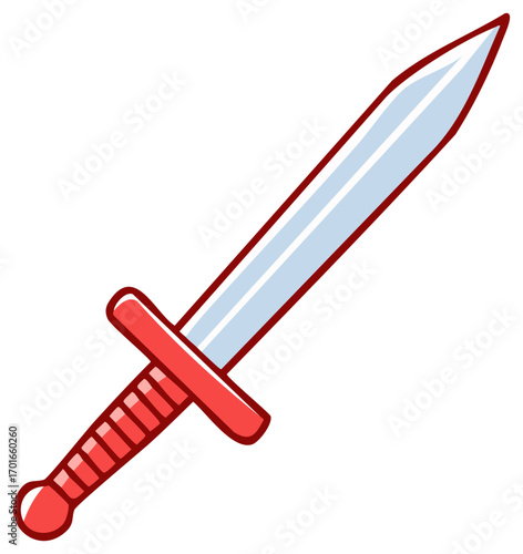 Cartoon illustration of a sword in red and silver