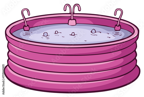 Pink inflatable kiddie pool with bubbling water and faucets cartoon illustration