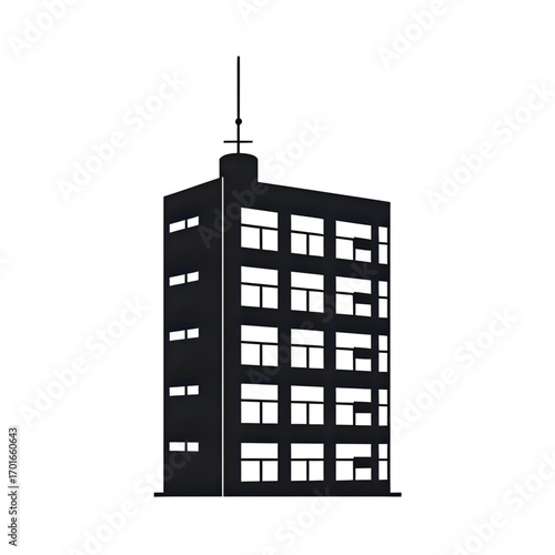 Modern office building silhouette with windows and antenna against white background.
