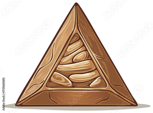 Mysterious wooden pyramid artifact with layered stone elements inside, isolated on white.