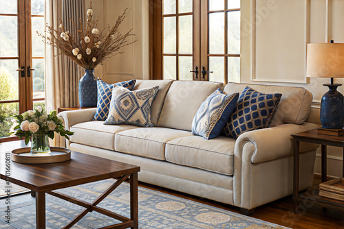 Elegant Living Room with Beige Sofa and Decorative Pillows