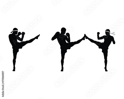 Silhouettes of three muay thai fighters performing dynamic high kicks in a striking martial arts combat stance against a white background