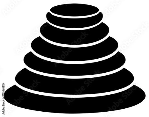 Black silhouette of stacked flat stones, a pyramid representing Zen balance and harmony.