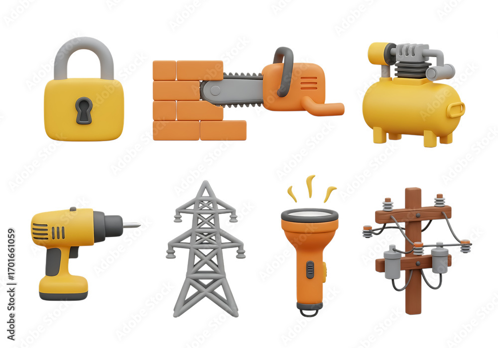 Fototapeta premium 3d icon of collection of construction and industrial tools and equipment isolated on transparent background