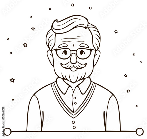 Line art illustration of a friendly senior man with mustache and eyeglasses