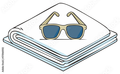 Stylish sunglasses with blue lenses resting on a stack of clean white folded towels in a simple illustration