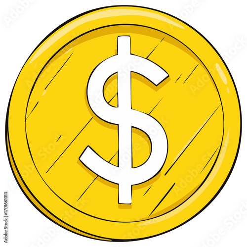 Bright yellow cartoon coin with a bold white dollar sign representing currency and financial growth
