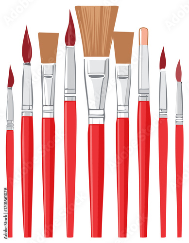 Various Paintbrushes with Red Handles for Painting and Drawing