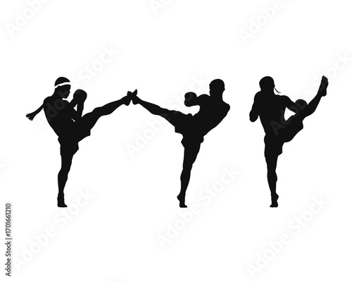 Silhouettes of three male muay thai fighters performing dynamic high kicks in a sequence of martial arts action