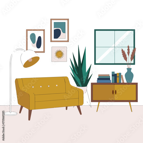 A cozy and luxurious living room and bedroom interior with stylish furniture, decorative pillows, and warm lighting