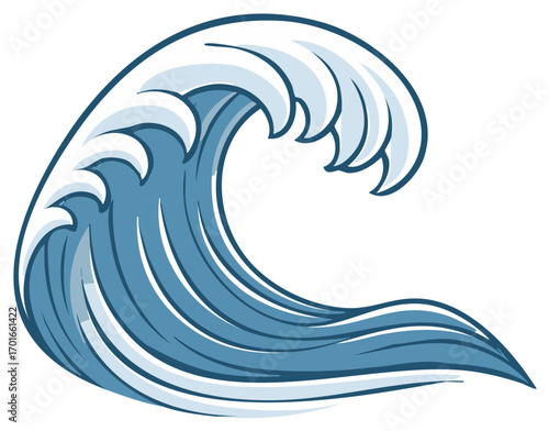 Dynamic cartoon blue ocean wave with frothy white crest graphic element