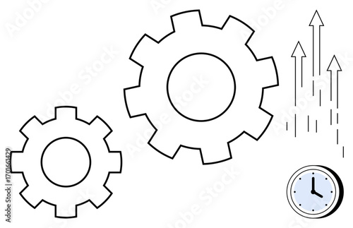 Two gears symbolize collaboration and efficiency, arrows suggest growth, clock represents time. Ideal for productivity, teamwork, business growth, efficiency, time management, innovation operational